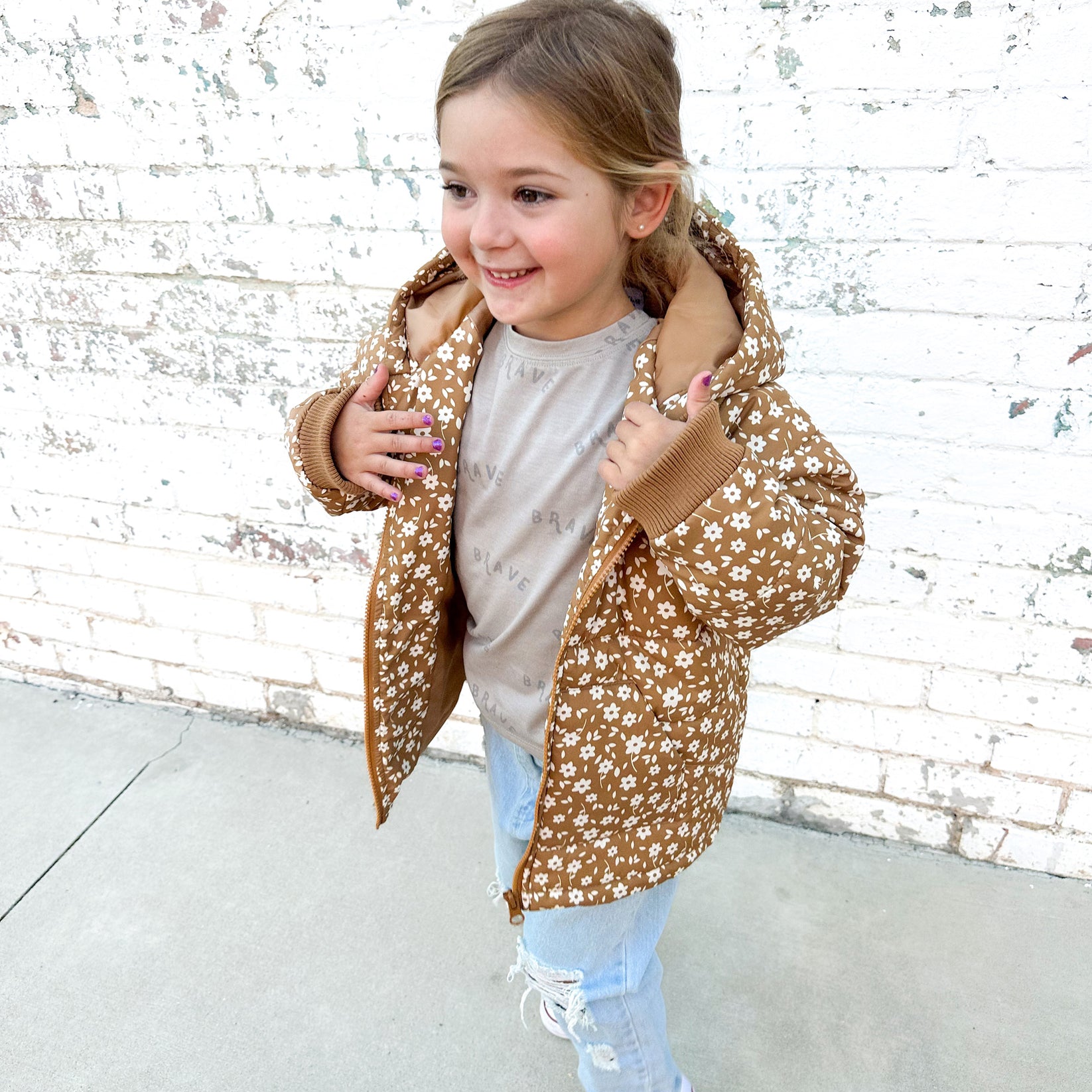 Brave Little Ones-Camel Floral Puffer Jacket