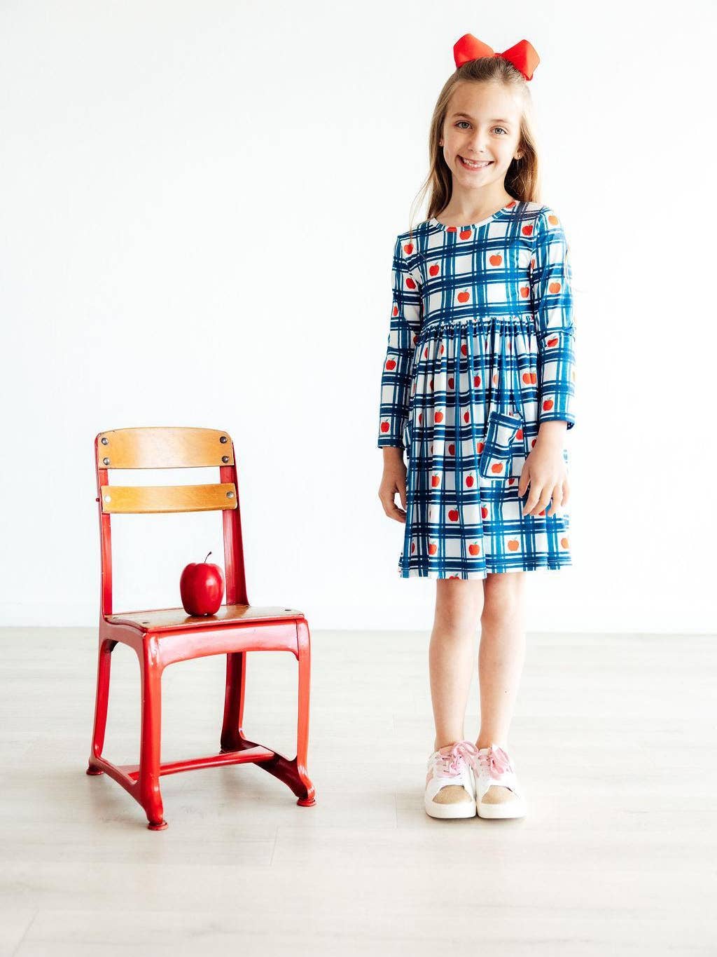 M&R07-Plaid Apples L/S Pocket Twirl Dress