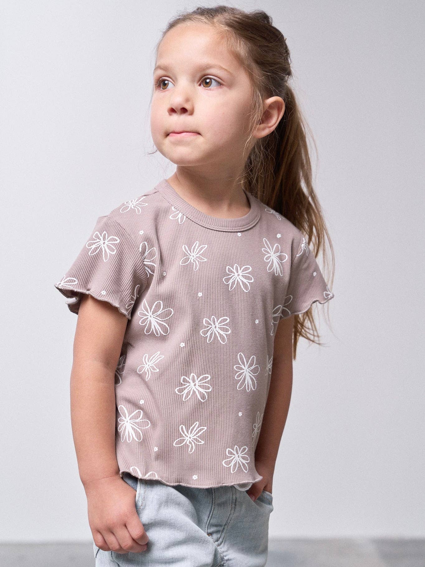 Floral Ribbed Tee - Mushroom