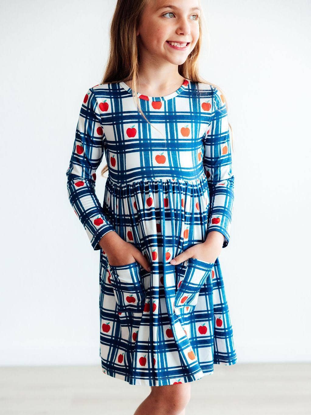 M&R07-Plaid Apples L/S Pocket Twirl Dress