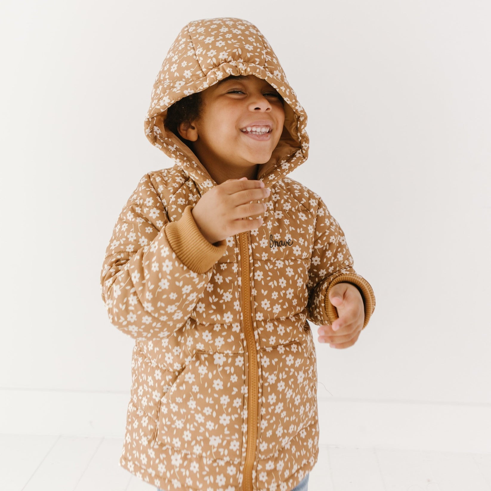 Brave Little Ones-Camel Floral Puffer Jacket