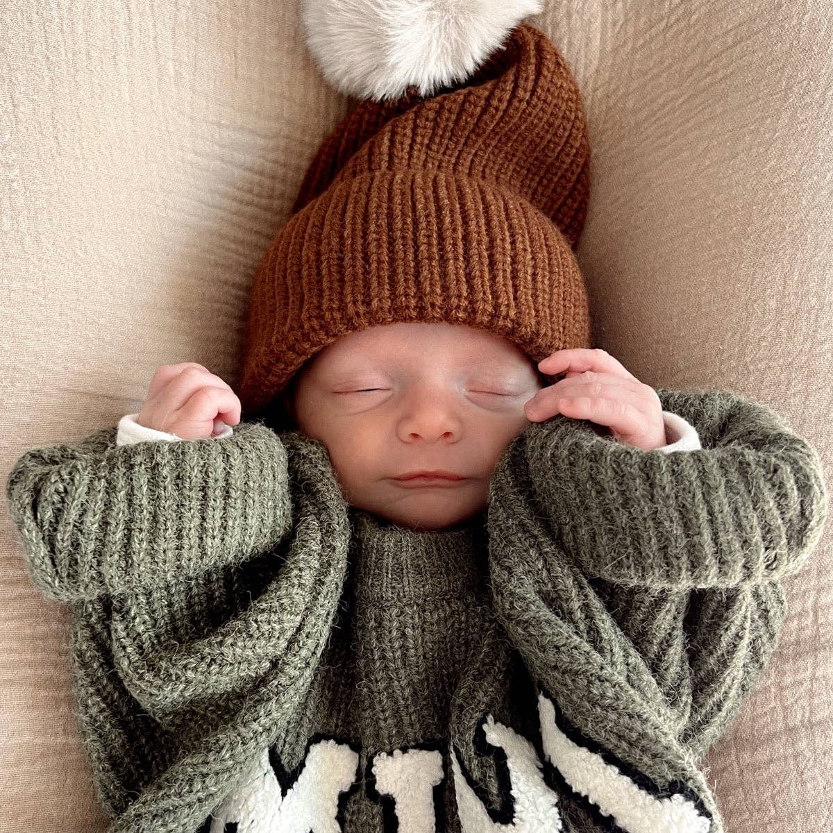 Rib Knit Fur Pom Hat, Saddle