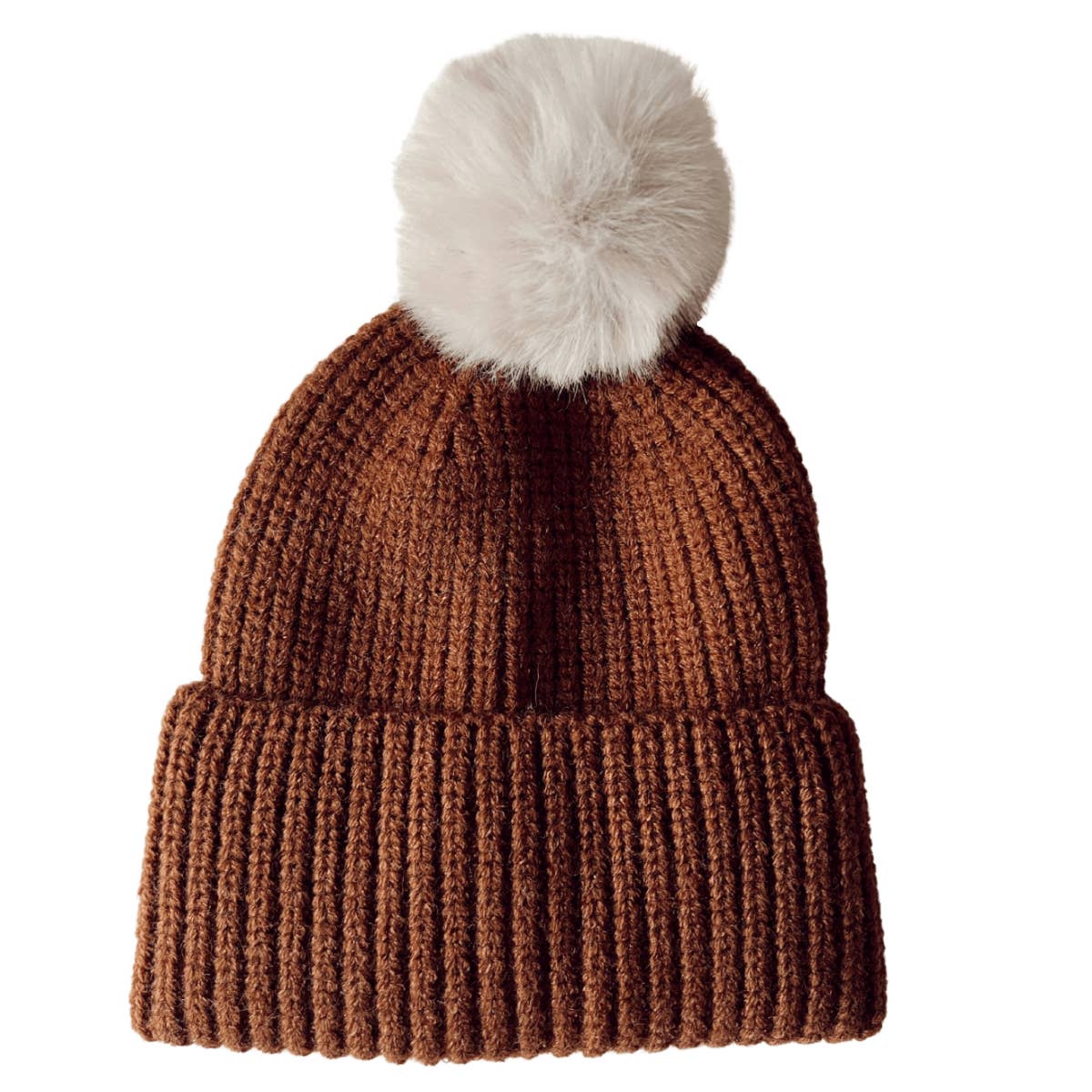 Rib Knit Fur Pom Hat, Saddle