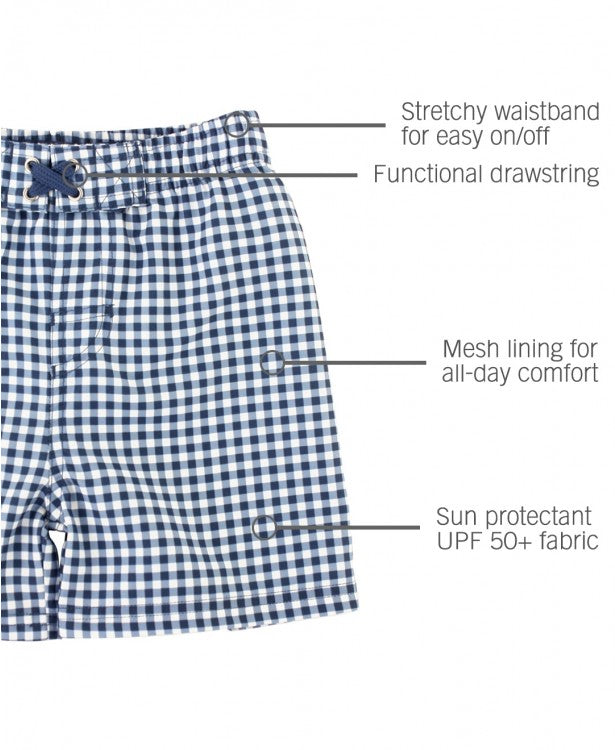 Navy Gingham Swim Trunks